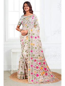 Mysilklove - Snow White Woven Linen Cotton Saree with Unstitched Blouse