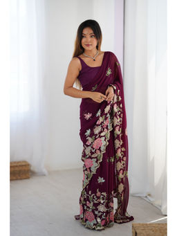 Mysilklove - Wine Purple Georgette Partywear Saree with Unstitched Blouse