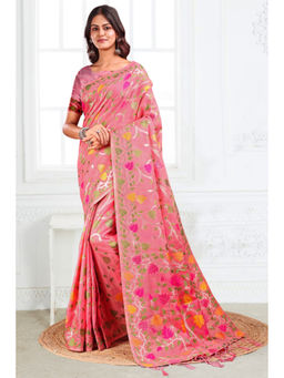 Mysilklove - Coral Pink Woven Linen Cotton Saree with Unstitched Blouse