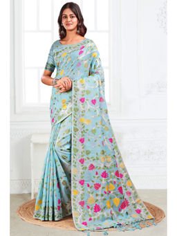 Mysilklove - Cloudy Blue Woven Linen Cotton Saree with Unstitched Blouse