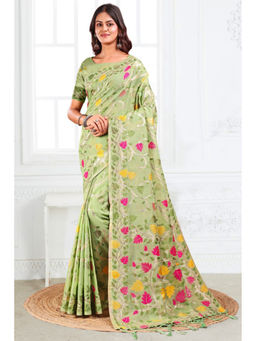 Mysilklove - Light Green Woven Linen Cotton Saree with Unstitched Blouse