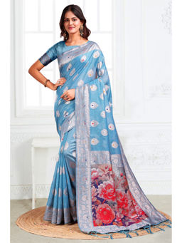 Mysilklove - Swimming Blue Woven Linen Cotton Saree with Unstitched Blouse