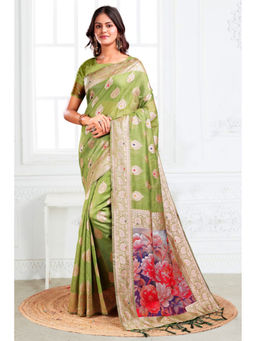 Mysilklove - Lime Green Woven Linen Cotton Saree with Unstitched Blouse