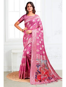 Mysilklove - Lotus Pink Woven Linen Cotton Saree with Unstitched Blouse