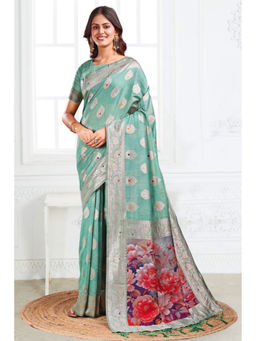 Mysilklove - Spring Green Woven Linen Cotton Saree with Unstitched Blouse