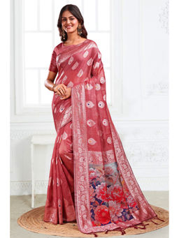 Mysilklove - Rust Brown Woven Linen Cotton Saree with Unstitched Blouse