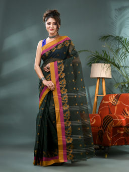 DESH BIDESH - Women Pure Cotton Green Handloom Tant Saree without Blouse