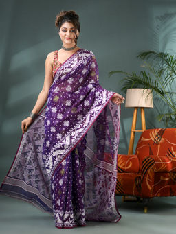 DESH BIDESH - Women Resham Dhakai Jamdani Purple Handloom Saree without Blouse