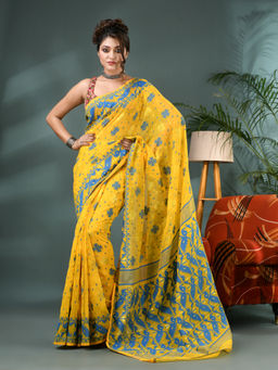 DESH BIDESH - Women Resham Dhakai Jamdani Yellow Handloom Saree without Blouse