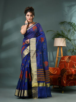 DESH BIDESH - Women Blue Handloom Pure Silk Saree with Unstitched Blouse