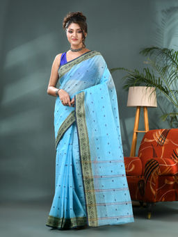 DESH BIDESH - Women Pure Cotton Blue Handloom Tant Saree without Blouse