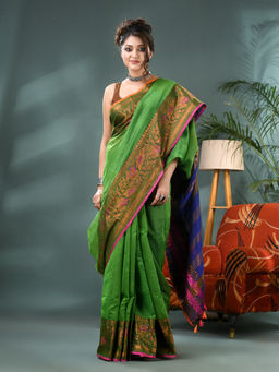 DESH BIDESH - Women Cotton Silk Green Kanjivaram Handloom Saree with Unstitched Blouse