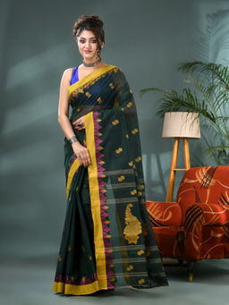 DESH BIDESH - Women Pure Cotton Green Handloom Tant Saree without Blouse