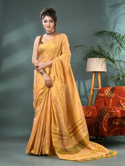 DESH BIDESH - Women Soft Linen Silk Cotton Gold Banarasi Saree with Unstitched Blouse