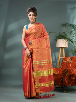 DESH BIDESH - Women Soft Linen Silk Cotton Orange Banarasi Saree and Unstitched Blouse