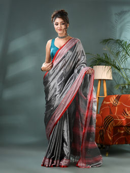 DESH BIDESH - Women Cotton Silk Grey Handloom Saree with Unstitched Blouse