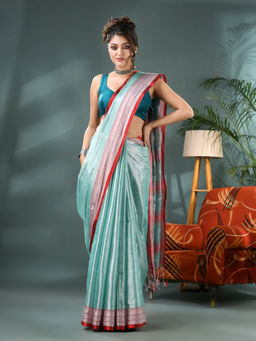 DESH BIDESH - Women Cotton Silk Turquoise Handloom Saree with Unstitched Blouse