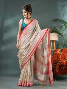 DESH BIDESH - Women Cotton Silk Beige Handloom Saree with Unstitched Blouse