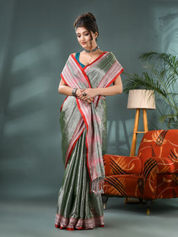 DESH BIDESH - Women Cotton Silk Green Handloom Saree with Unstitched Blouse