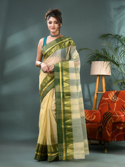 DESH BIDESH - Women Cotton Beige Handloom Zari Temple Design Tant Saree without Blouse