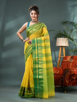 DESH BIDESH - Women Cotton Yellow Handloom Zari Temple Design Tant Saree without Blouse