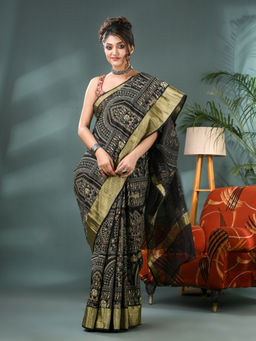 DESH BIDESH - Women Silk Black Handloom Zari Designer Saree with Unstitched Blouse