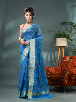 DESH BIDESH - Women Silk Blue Handloom Zari Designer Saree with Unstitched Blouse