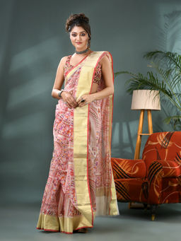 DESH BIDESH - Women Silk Pink Handloom Zari Designer Saree with Unstitched Blouse