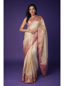 Zari Jaipur - Cream Tissue Banarasi Texture Saree with Unstitched Blouse