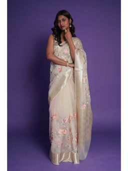 Zari Jaipur - Cream Organza Thread Work Saree with Unstitched Blouse