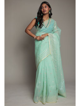 Zari Jaipur - Green Organza Thread Works Saree with Unstitched Blouse