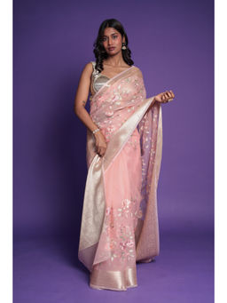 Zari Jaipur - Peach Tissue Zari Works Saree with Unstitched Blouse