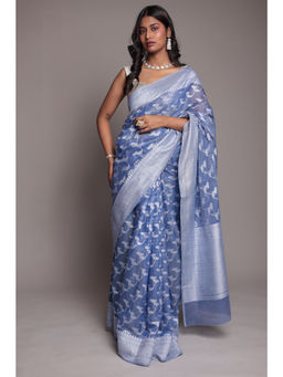 Zari Jaipur - Blue Cotton Banarasi Texture Saree with Unstitched Blouse