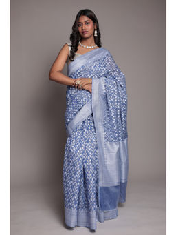 Zari Jaipur - Blue Cotton Banarasi Texture Saree with Unstitched Blouse