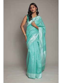 Zari Jaipur - Green Cotton Banarasi Texture Saree with Unstitched Blouse