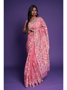 Zari Jaipur - Pink Cotton Banarasi Texture Saree with Unstitched Blouse