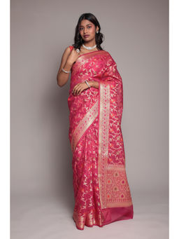 Zari Jaipur - Red Chanderi Banarasi Texture Saree with Unstitched Blouse