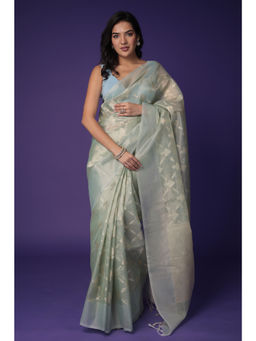 Zari Jaipur - Green Tissue Banarasi Texture Saree with Unstitched Blouse