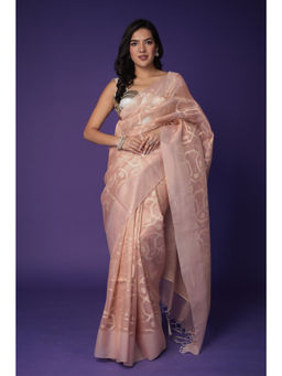 Zari Jaipur - Pink Tissue Banarasi Texture Saree with Unstitched Blouse