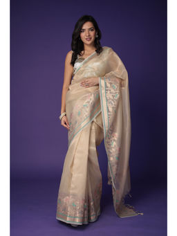 Zari Jaipur - Cream Tissue Banarasi Texture Saree with Unstitched Blouse