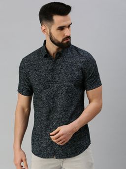SHOWOFFFF - Men Half Sleeves Navy Blue Abstract Shirt