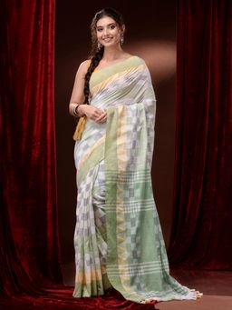 CHARUKRITI - White and Green Pure Cotton Checkered Geometric Patterns Saree with Unstitched Blouse