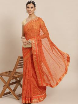 ISHIN - Womens Georgette Orange Bandhani Printed Lace Saree with Unstitched Blouse