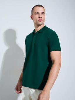 Styli - Men Green Solid/Plain Cotton Blend Regular Fit Polo T-Shirt