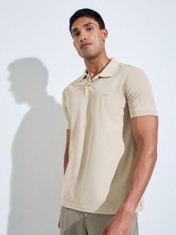 Styli - Men Beige Solid/Plain Polyester Regular Fit Polo T-Shirt