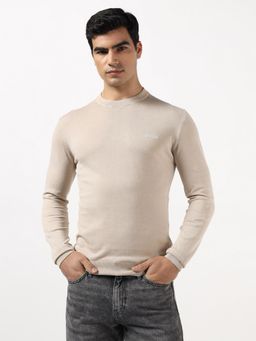 Guess - Men Beige Solid/Plain Cotton Silk Regular Fit Sweater