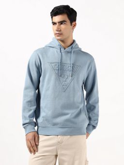 Guess - Men Blue Textured Pure Cotton Regular Fit Hoodie