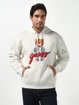 Guess - Men White Printed Pure Cotton Relaxed Fit Hoodie