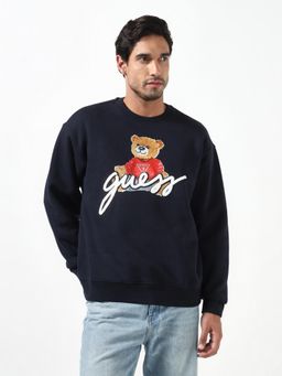 Guess - Men Navy Blue Printed Pure Cotton Relaxed Fit Sweatshirt