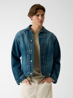 Guess - Men Blue Solid/Plain Pure Cotton Regular Fit Jacket
